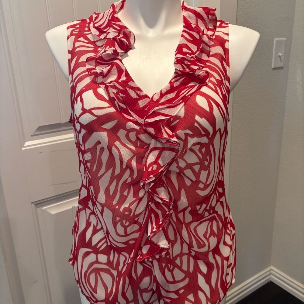 Lafayette 148 New York Red and White Ruffled Blouse
